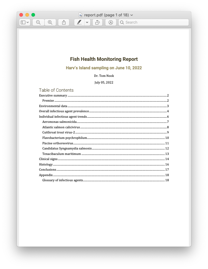 Screenshot of the report produced with the downloaded fish data.