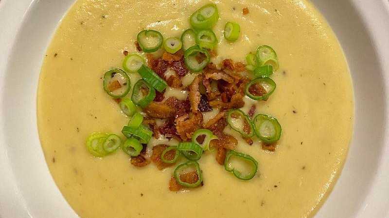 photo of completed recipe: Soup! Season! You won’t even miss the cream. Corn and butter combine to make a rich, creamy base for this soup. It’s got a baked potato soup vibe but the…