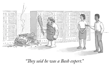 A cartoon-style illustration of a caveman who has smashed a server rack in a data center. The caption reads: They said he was a Bash expert.