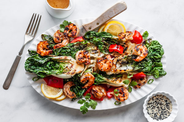 Grilled Bok Choy And Shrimp Salad With A Sesame Soy Miso Dressing