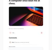Screenshot of a partial view of a post's page, containing the title, picture, caption, number of likes, a trashcan for a delete button, and rows of comments. The title reads 'A computer once beat me at chess', and the caption reads 'but it was no match for me at kickboxing'.