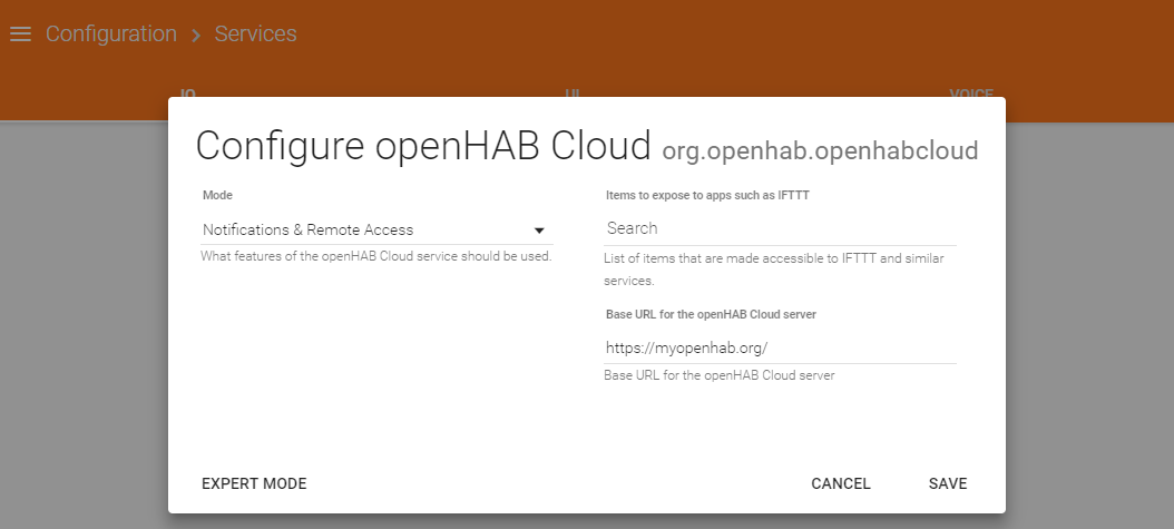 Configure the openHAB Cloud Connector via Paper UI