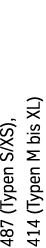 487 (Typen S/XS), 414 (Typen M bis XL)