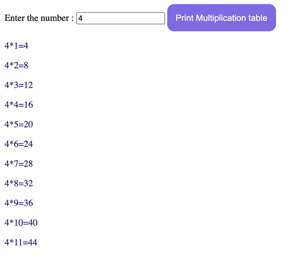 HTML Javascript css print multiplication table