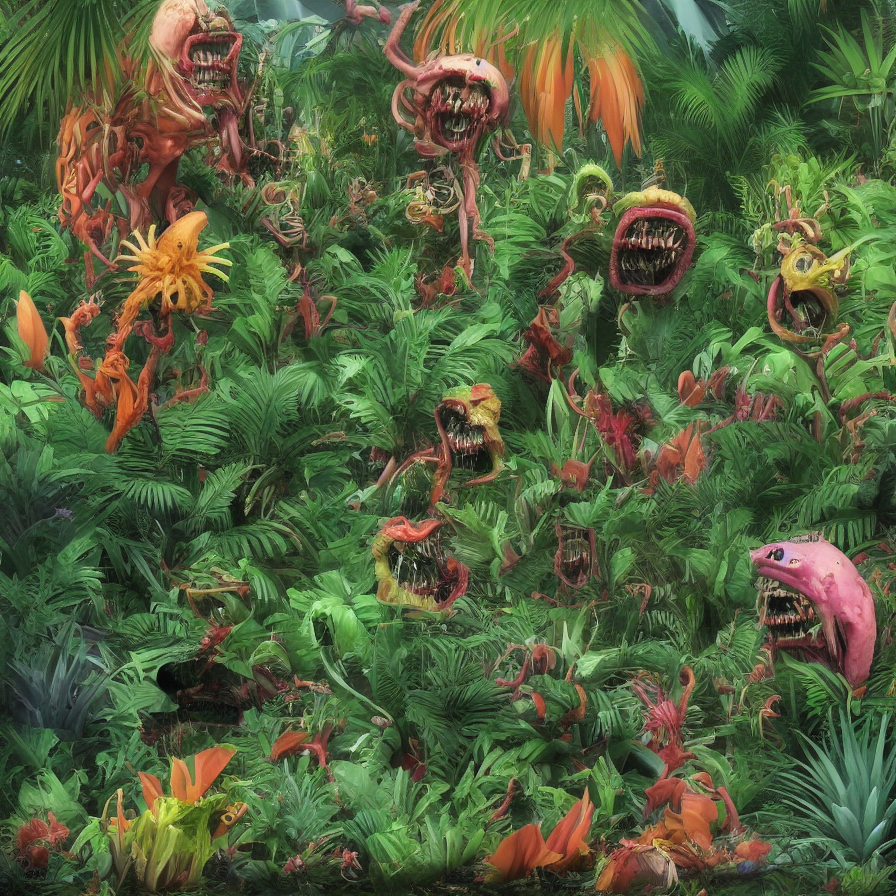 "Scary tropical plants having fun making music after the apocalypse, being eaten by strange creatures"