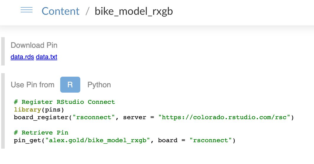 Pinned XGBoost model on RStudio Connect.
