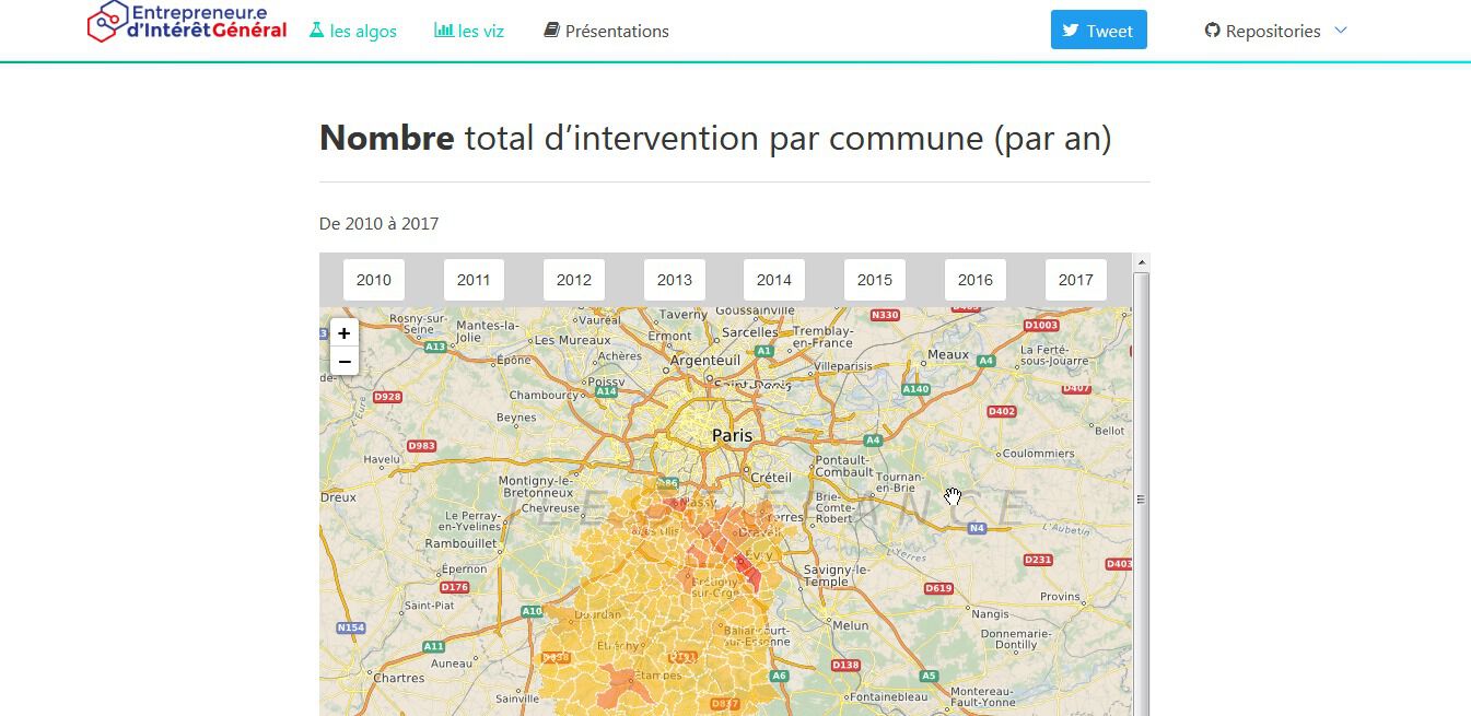 Une capture d'écran qui montre une carte sur laquelle on voit le "nombre total d'intervention par commune (par an) des pompiers en Essonne