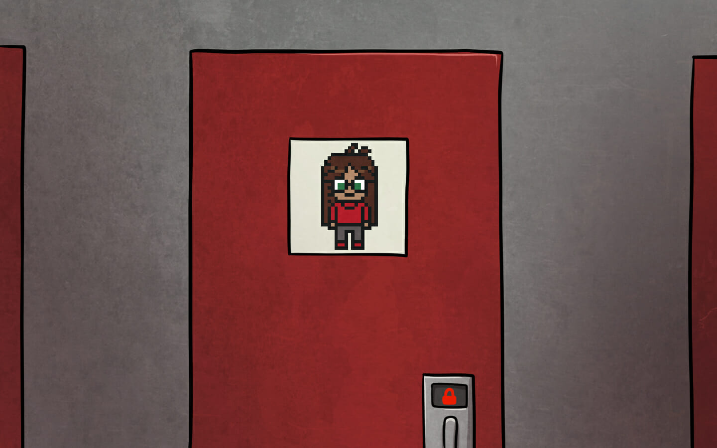 The door to Timaeus's room, with a pixel portrait of him on it.