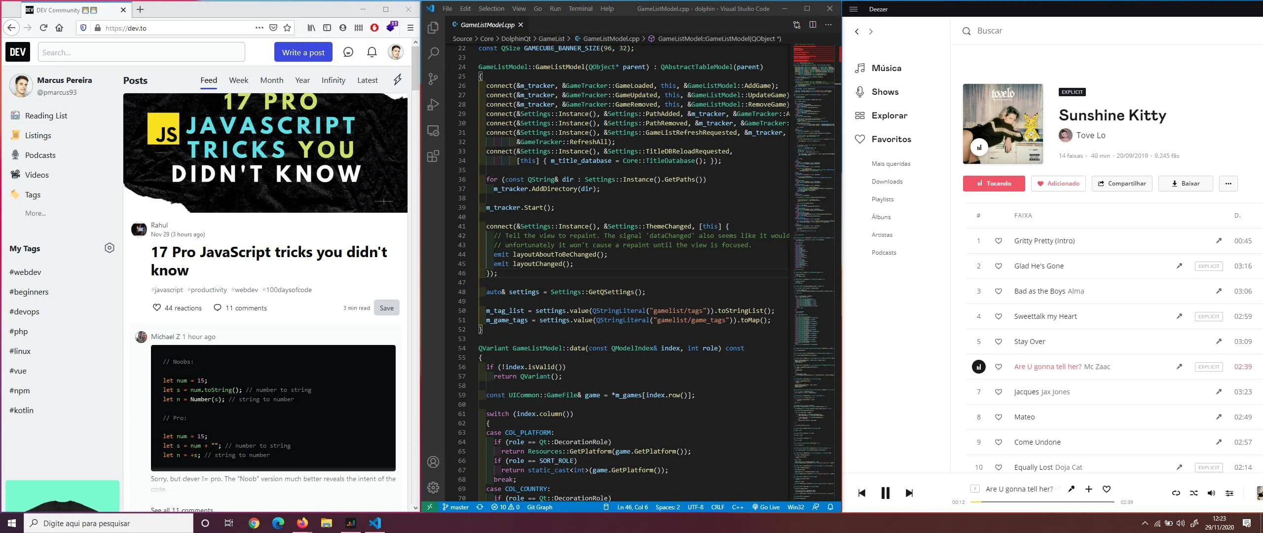 Screenshot demonstrating PowerToys Run. It shows my screen split in three: browser on the left, code editor in the middle, music player in the right.