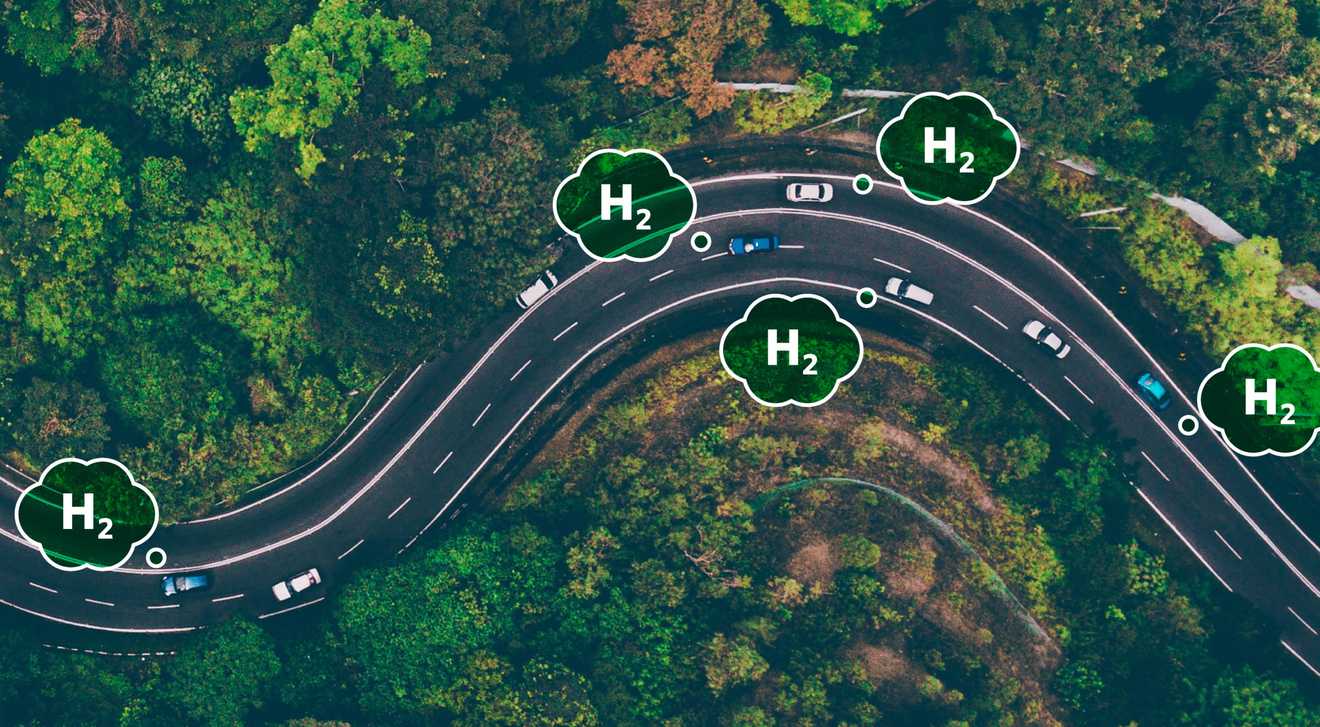 Photo illustration of an aerial view of cars that are powered by green hydrogen on a highway.