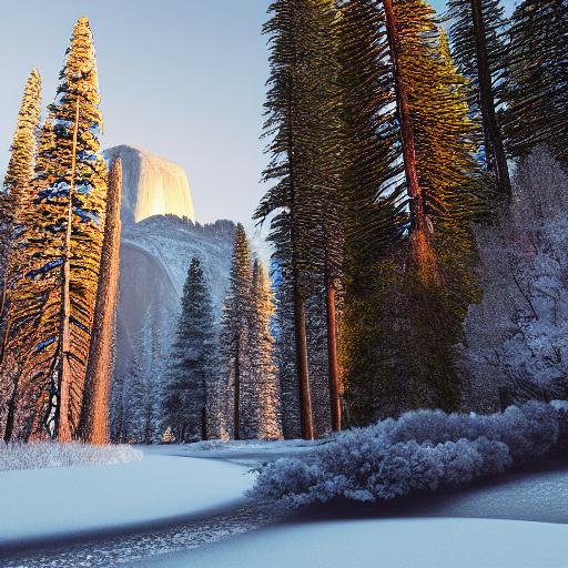 A beautiful landscape photograph of Yosemite mountain scenery full of trees, forest, snowy, cool, winter