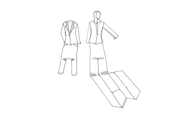 An artist's drawing of the design, in its incognito version at left, and unfolded, worn in worship mode at right