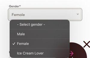 A screenshot of a website form field with the prompt &quot;Gender&quot;. The options are &quot;Male&quot;, &quot;Female&quot;, and &quot;Ice Cream Lover&quot;.