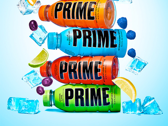 Several bottles of Prime Drinks stacked on top of each other