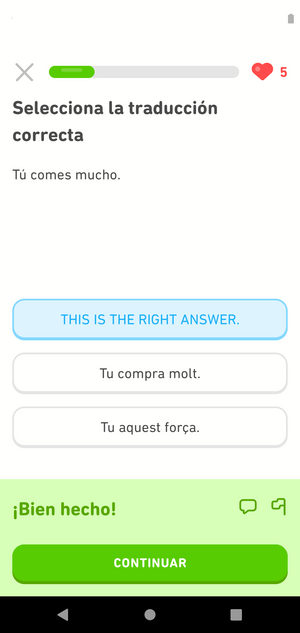 The Duolingo app showing our edited answer