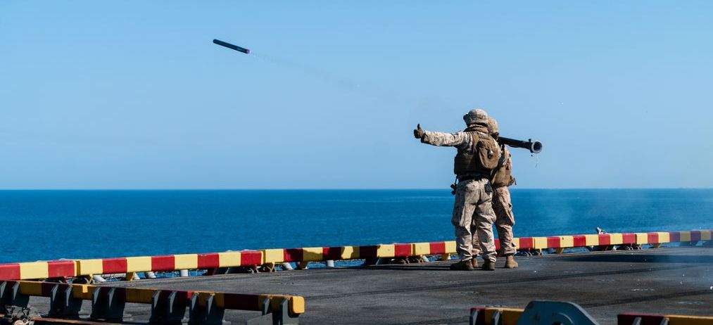US marines fire a Stinger missile from the deck of a ship