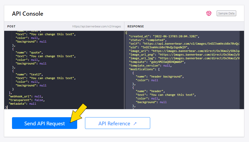 Bannerbear's API Console with a yellow arrow pointing to the Send API Request button
