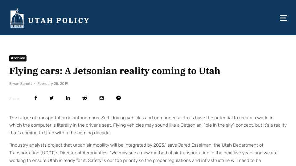 Flying cars: A Jetsonian reality coming to Utah