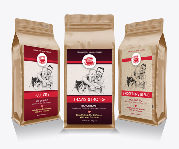 Three bags of coffee with brown packaging and a portrait of two men with a dog as a label