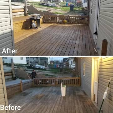 enlarged photo before and after of a deck being refinished