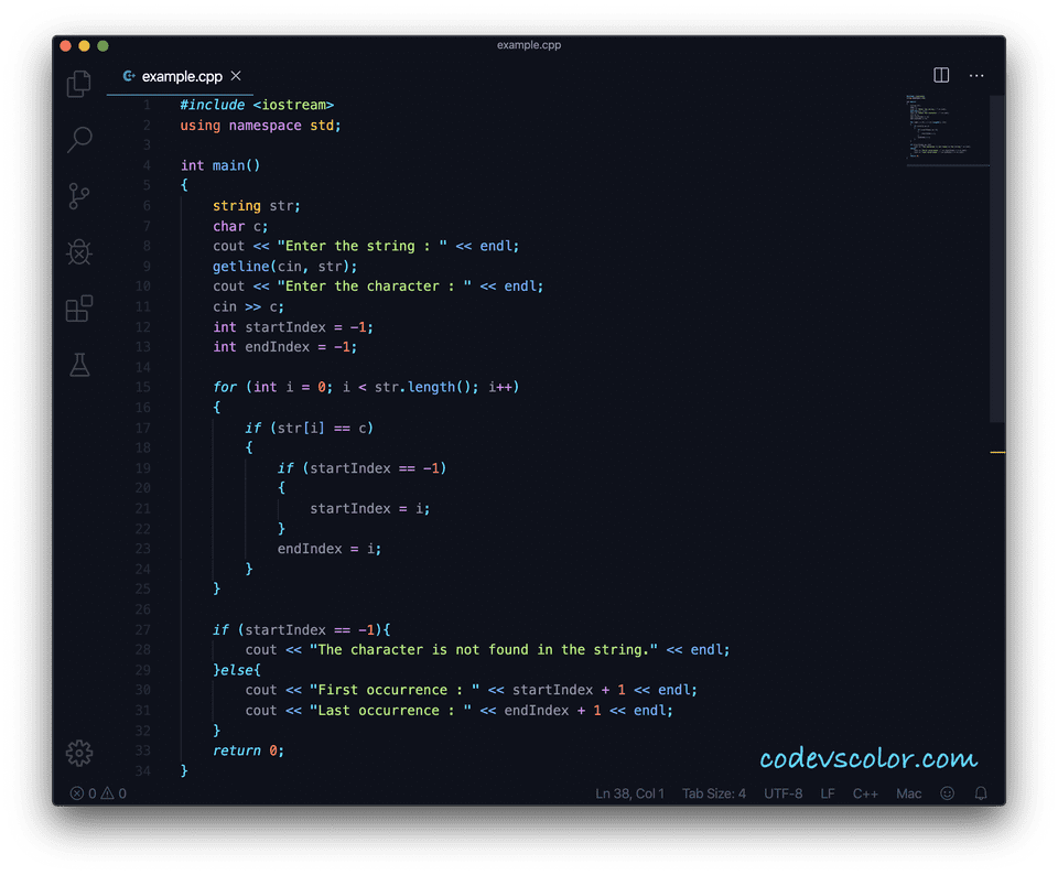 C Program To Find The First And The Last Occurrence Of A Character In A String CodeVsColor