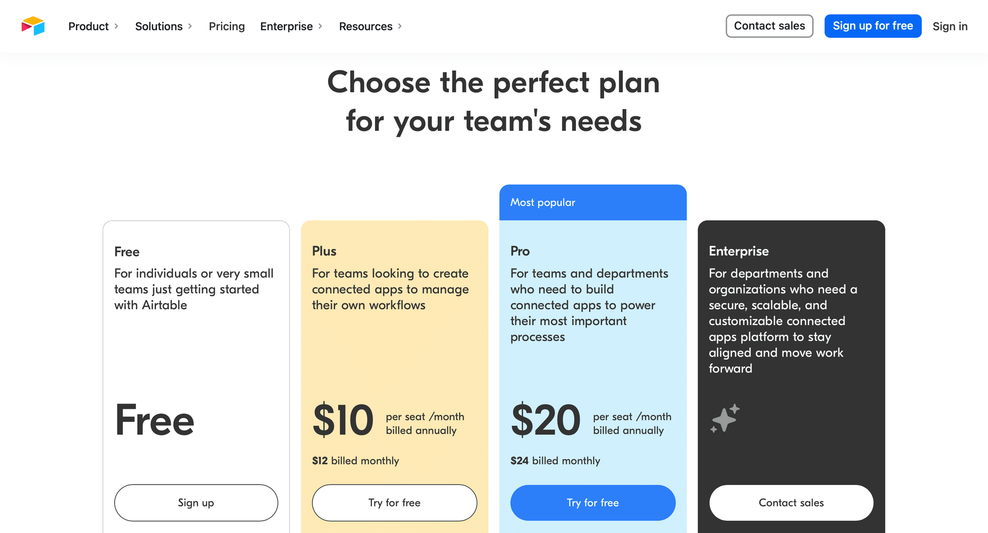 Screenshot of Airtable pricing page