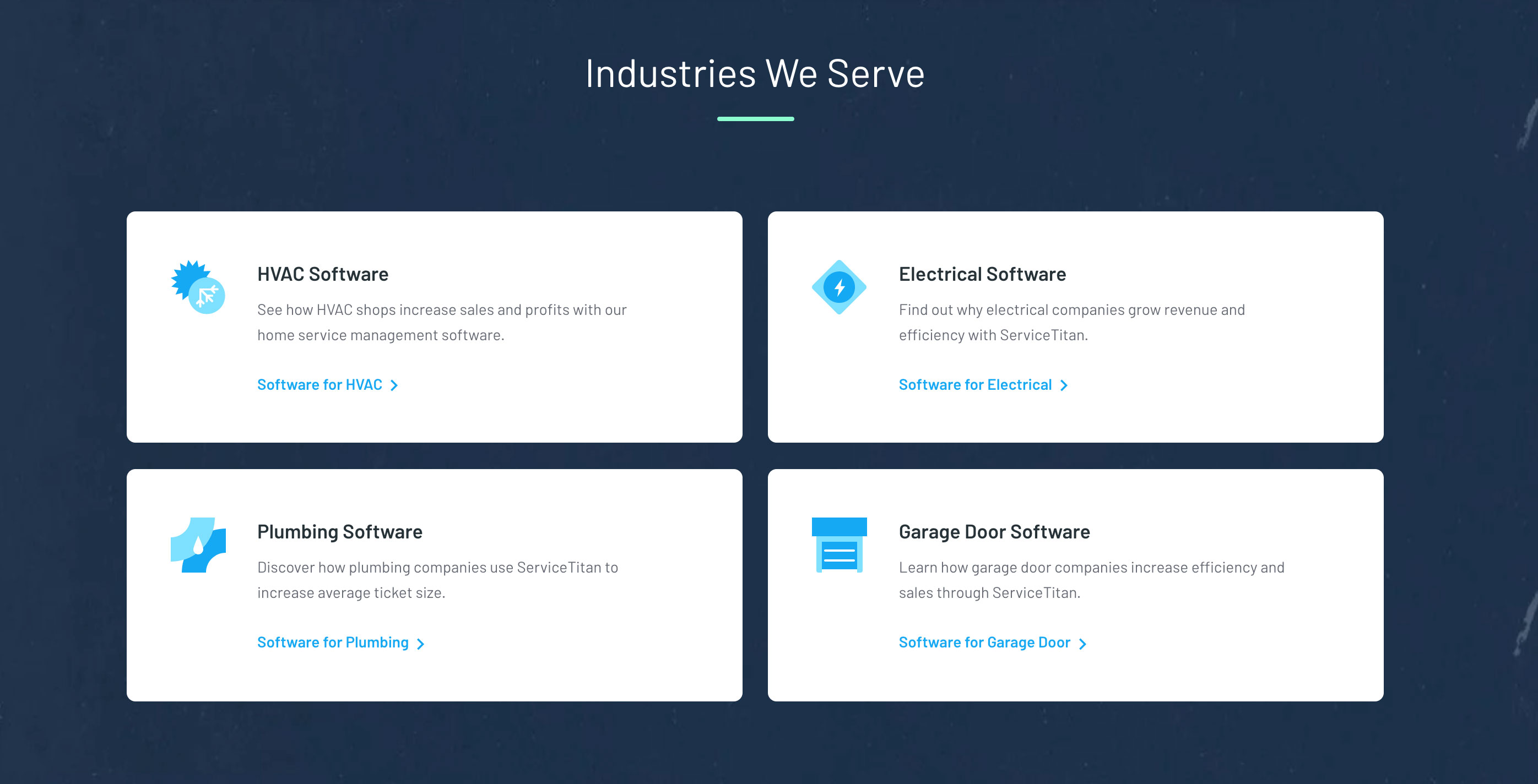 Links on the homepage to the new Industry pages.