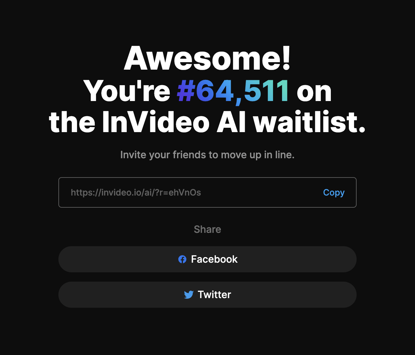 SaaS Waitlist Emails: Screenshot of InVideo's page showing a unique referral code. This strategy is used to encourage users to share the app to their network so they can move up the waiting line.