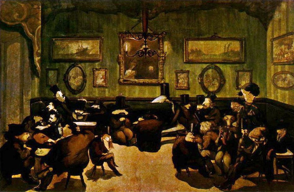 In un ambiente caldo e animato, alcune figure caricaturali, seduti ai tavoli, discutono; sulle pareti sono esposti diversi quadri.