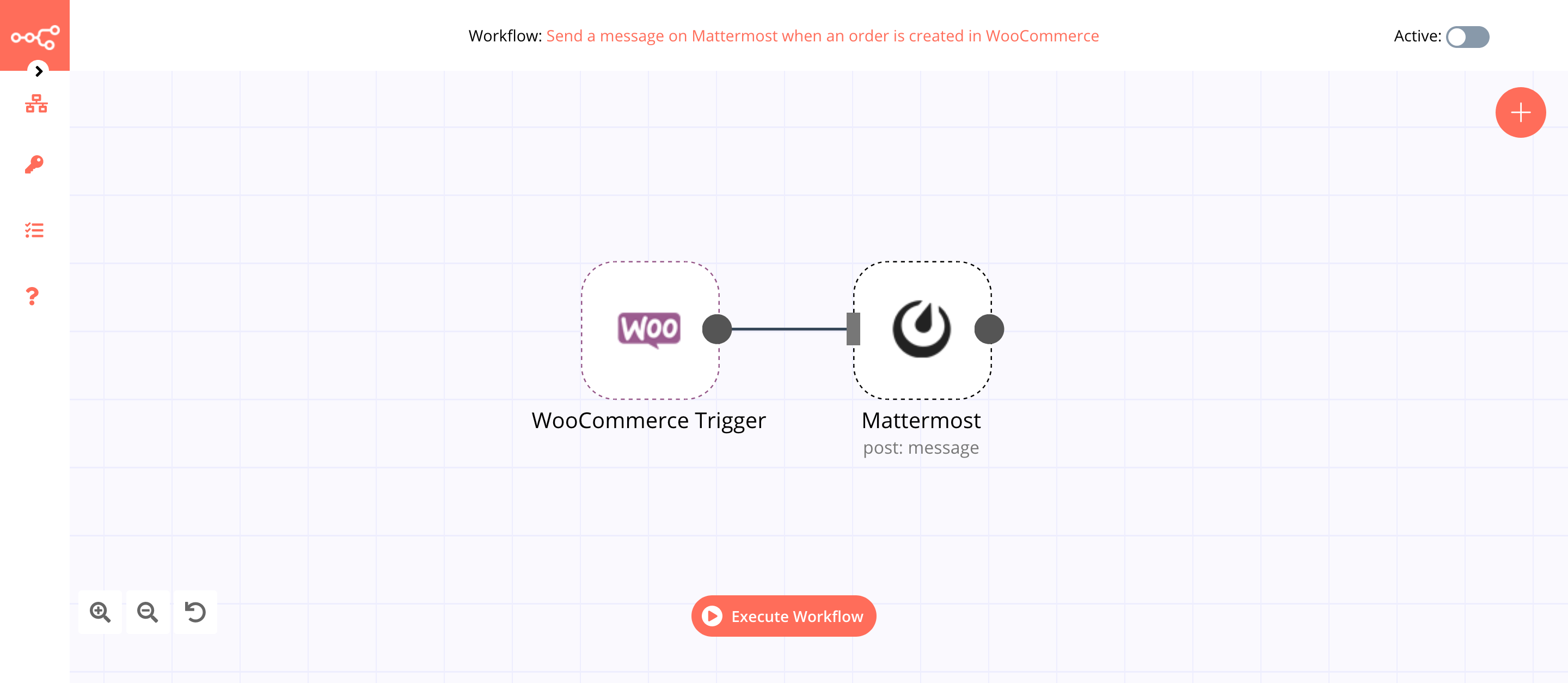 A workflow with the WooCommerce Trigger node