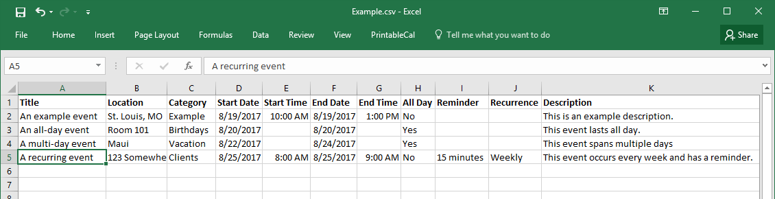An example CSV file containing event rows. This file can be converted into an iCalendar file that calendar apps such as Google Calendar can import or subscribe to.