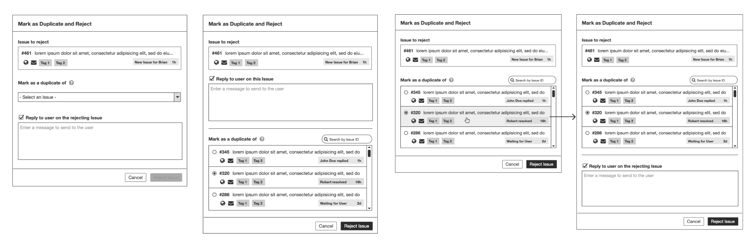 Few initial wireframes for marking a ticket as a duplicate.