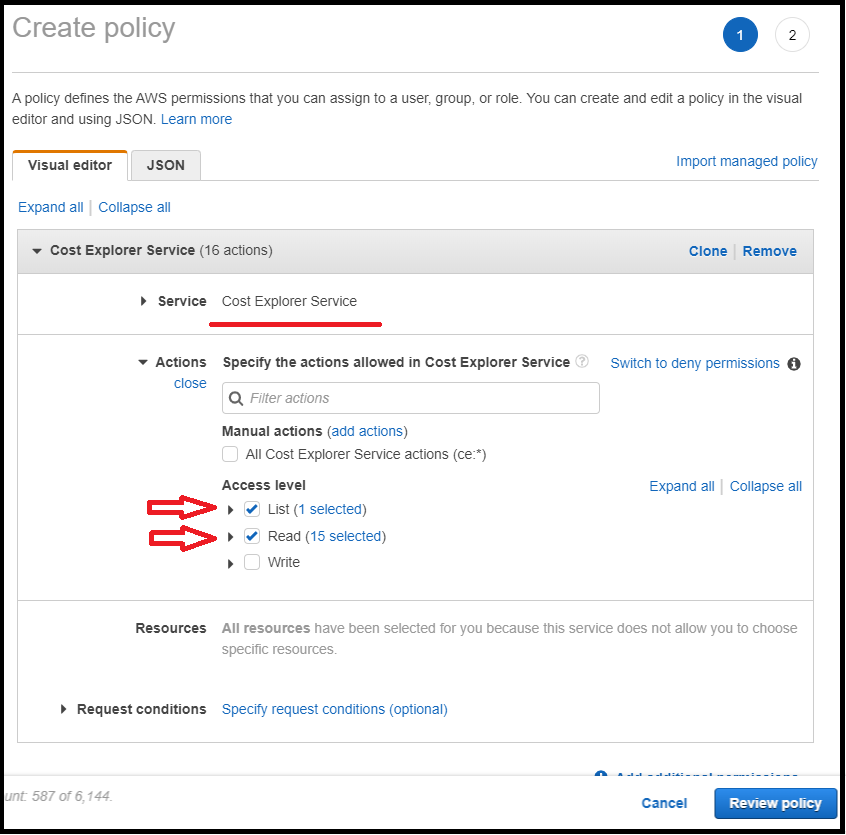 policy creation to help display AWS billing info in Slack