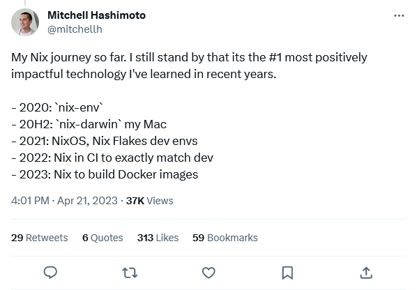 My Nix journey so far. I still stand by that its the #1 most positively impactful technology I've learned in recent years.