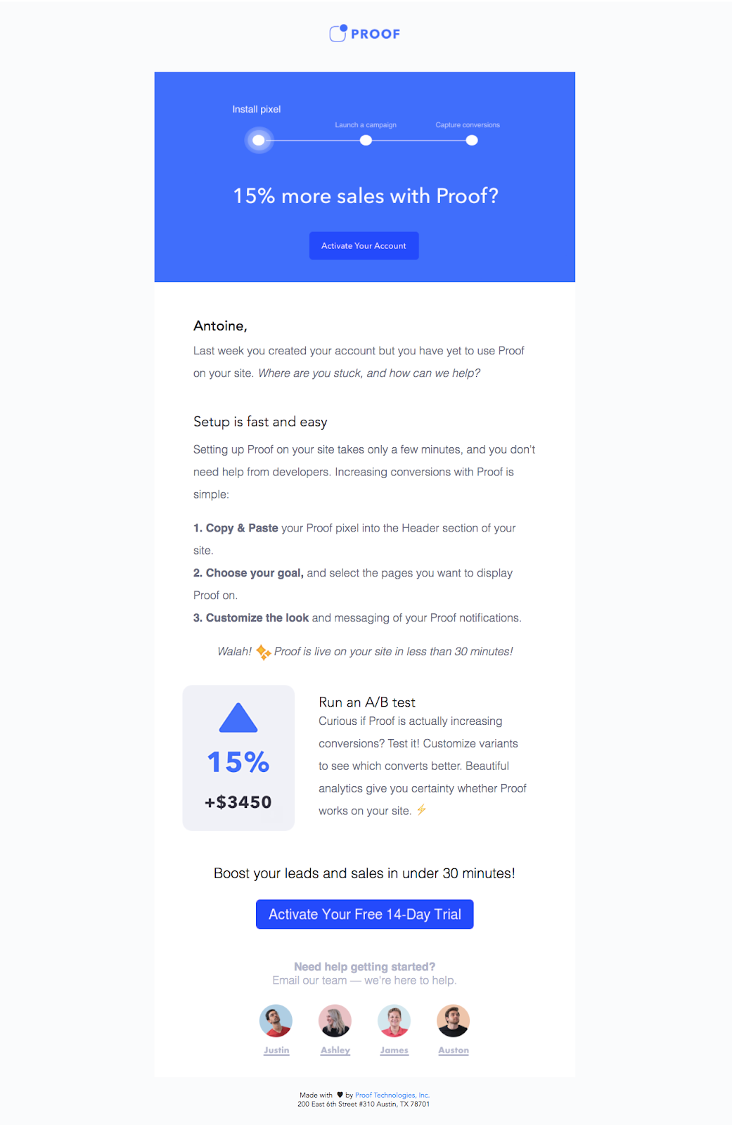 SaaS User Activation Funnel: Screenshot of an email from Proof
