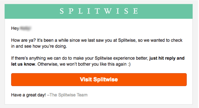 SaaS Customer Segmentation Guide: A screenshot of Splitwise's reactivation email