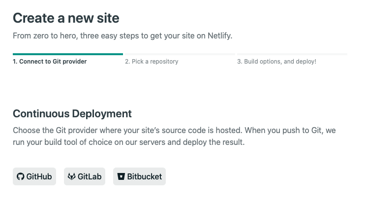 netlify app new site git provider connection screen