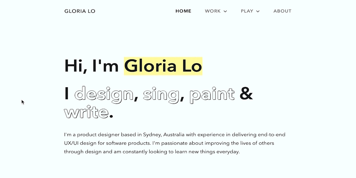 A screenshot from UX designer Gloria Lo's portfolio homepage