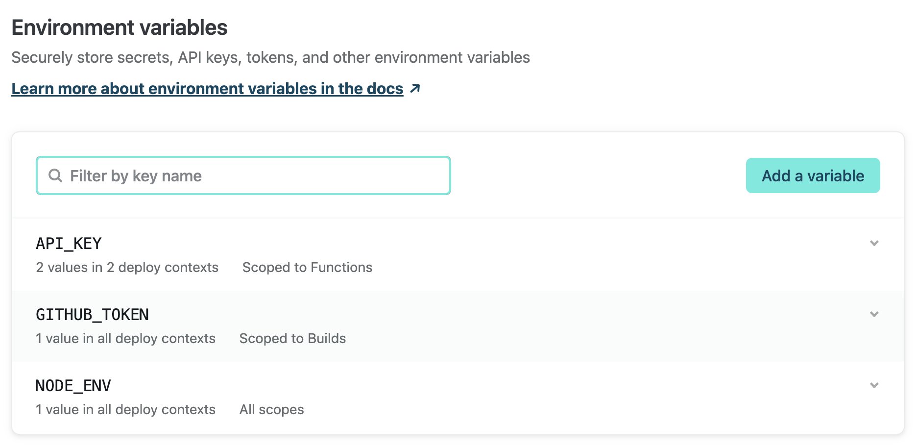 Example list of environment variables with scopes and contextual values in the Netlify UI