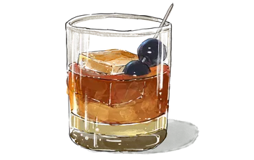Illustration of a glass of Maple Bourbon in an Old Fashioned style glass