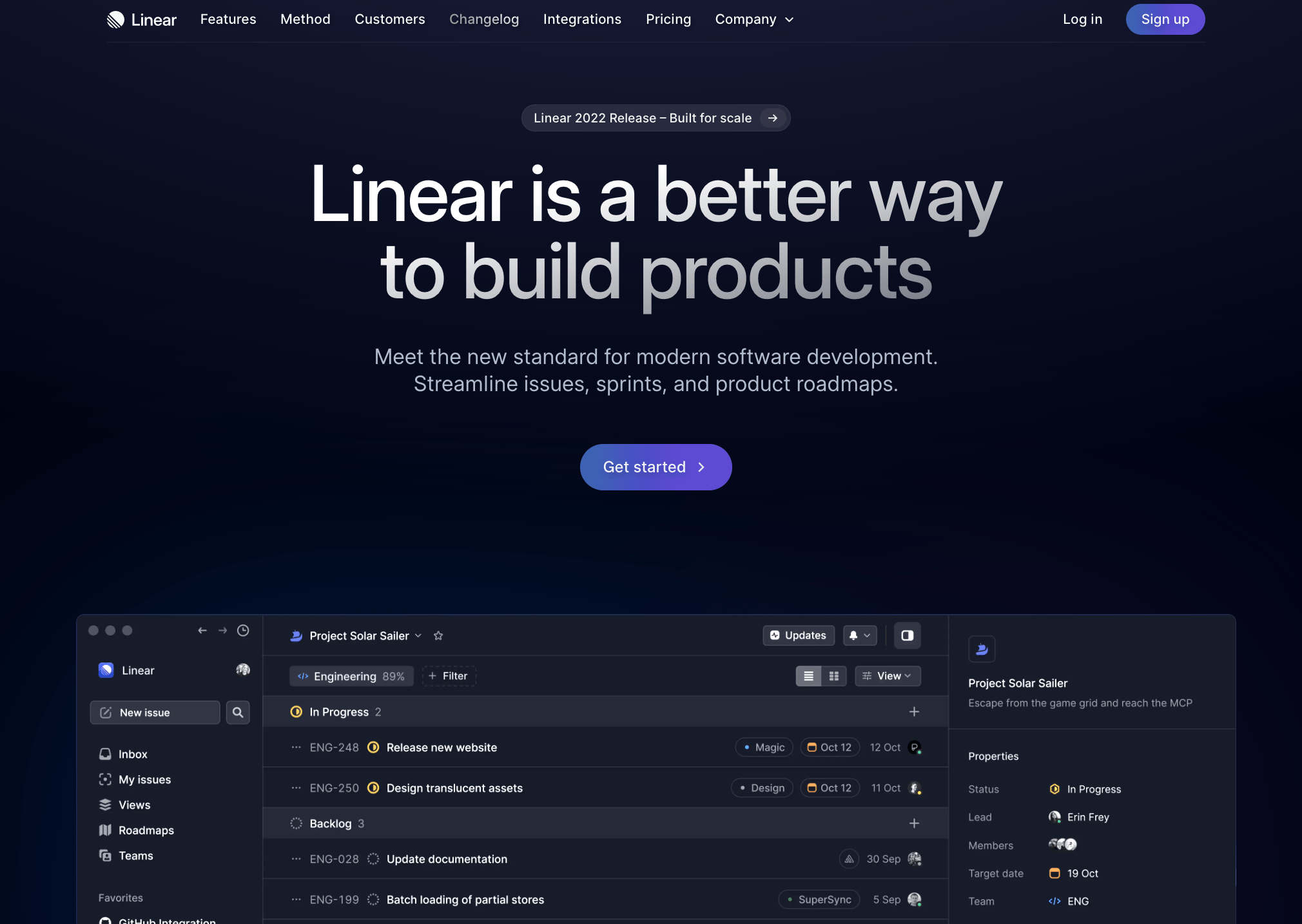 SaaS Brand Archetypes: Screenshot of Linear's homepage