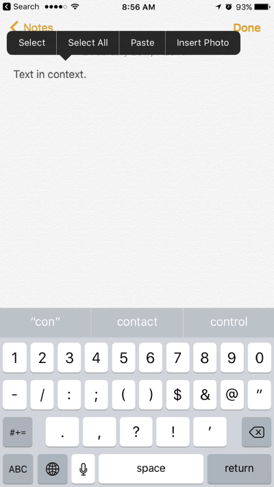 Tap on the cursor when editing text. Context menu in Notes app on iOS