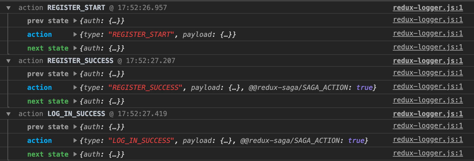 3 redux-logger entries in the console