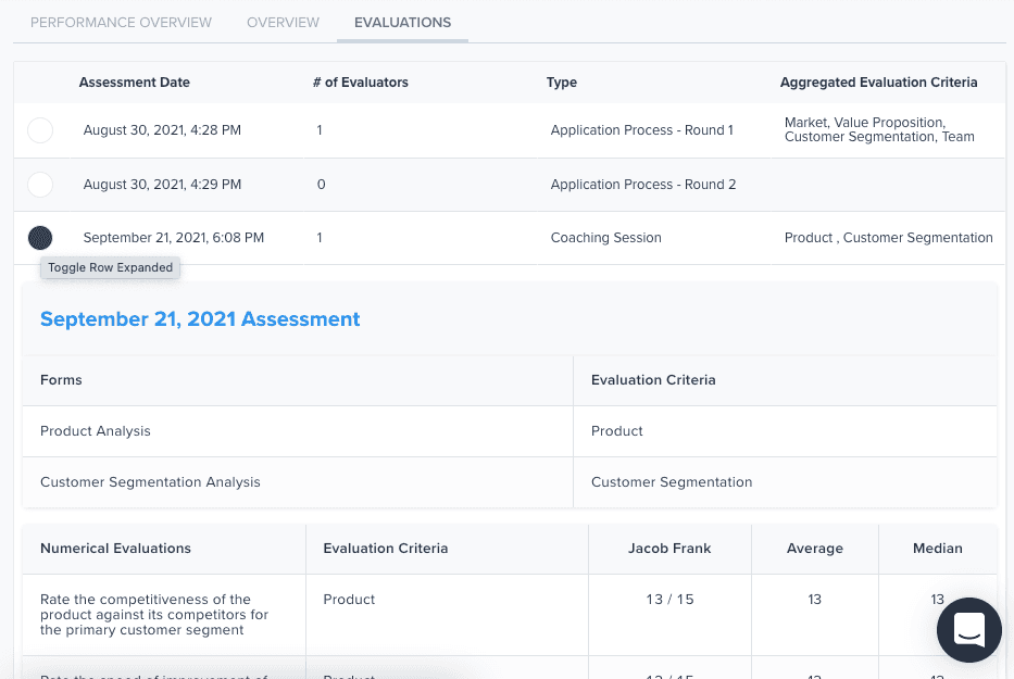 Assessment evaluations tab