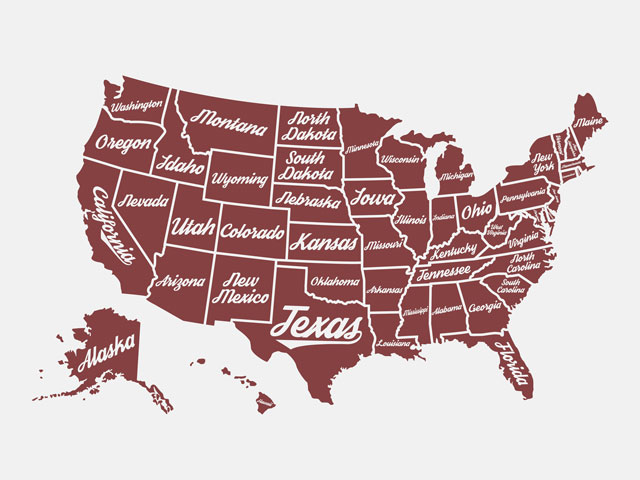 A map of the United States listing state names