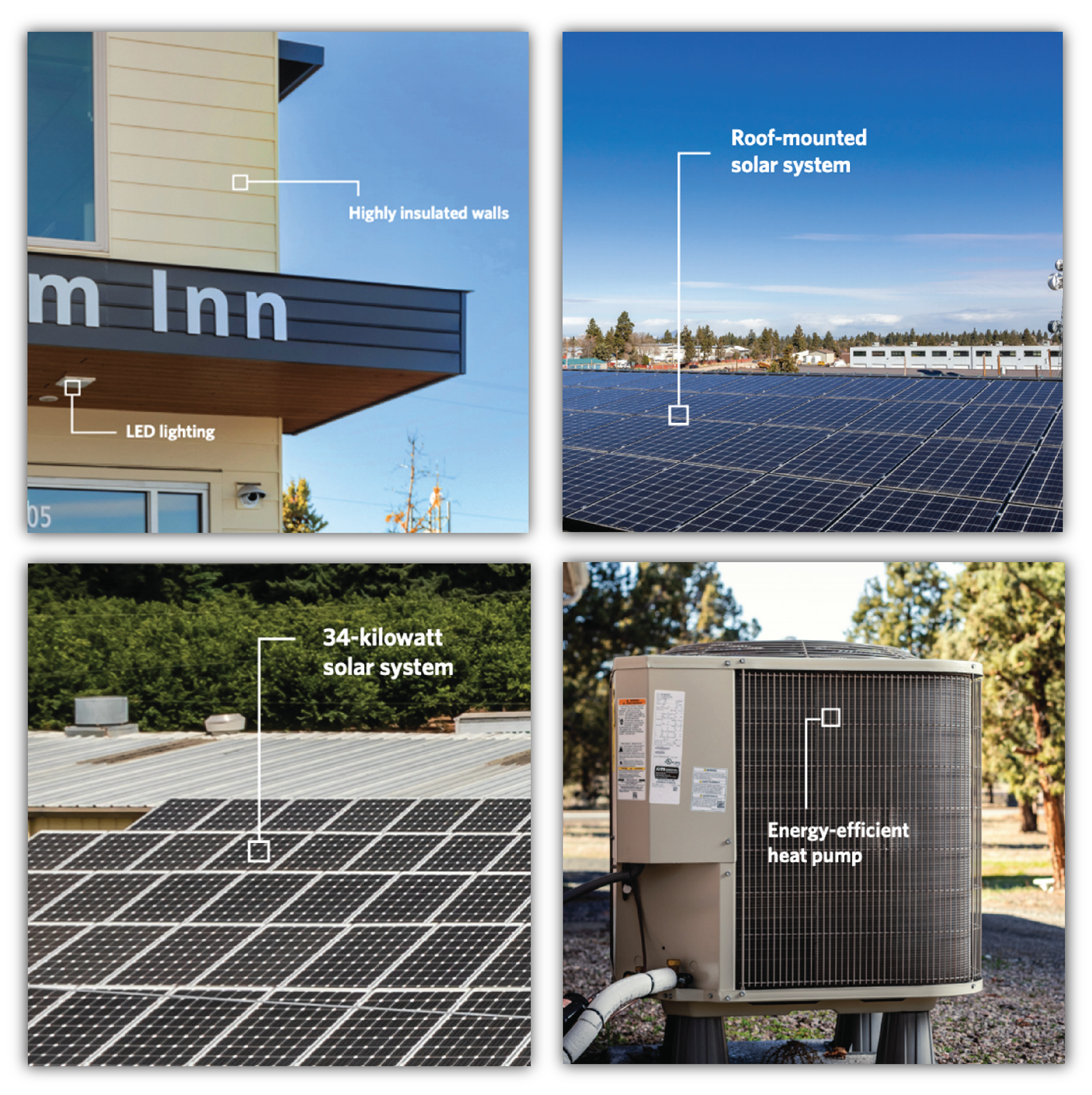4 sqaures that capture the energy square call outs. One is a roof, one is an air conditioning unit, one is a and two are solar grids