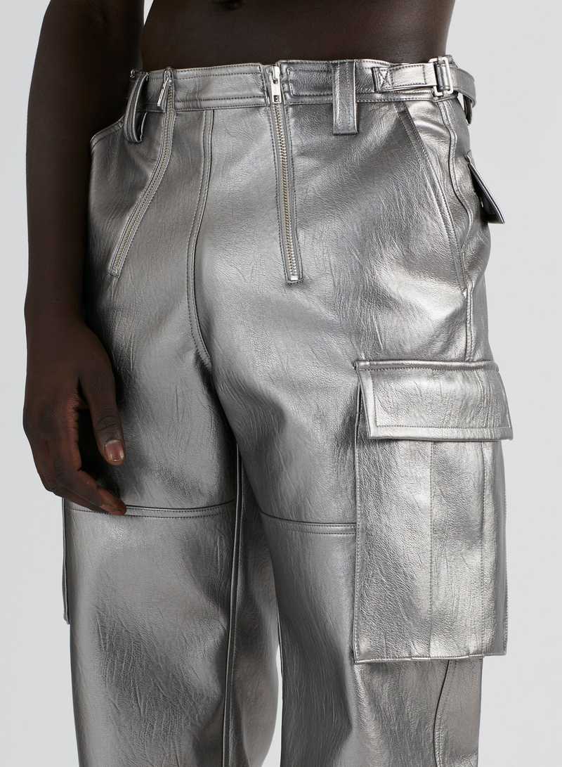 Bekir Trousers Pleather Silver, detail view. GmbH AW22 collection.