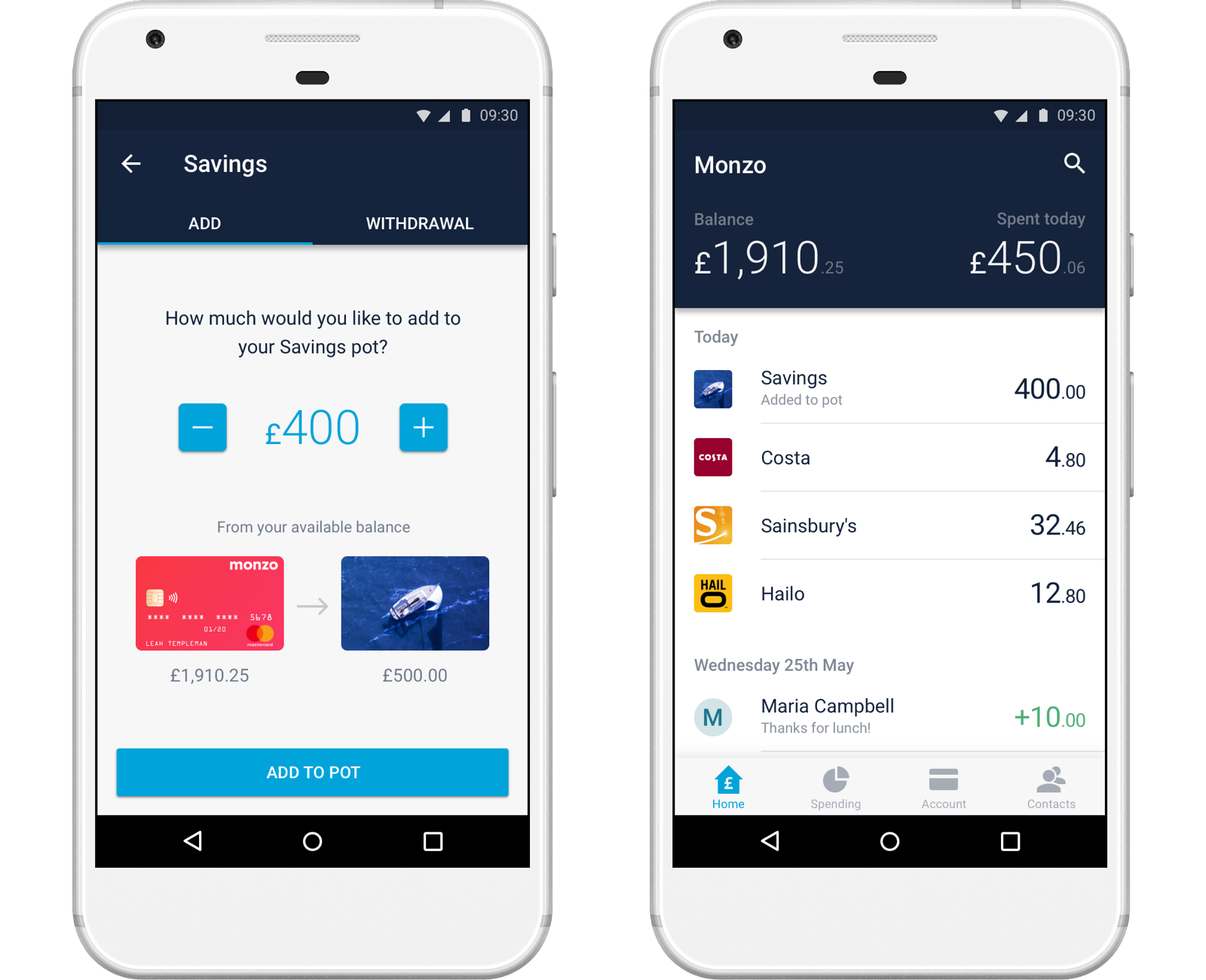 Screenshots of pots within the Monzo app