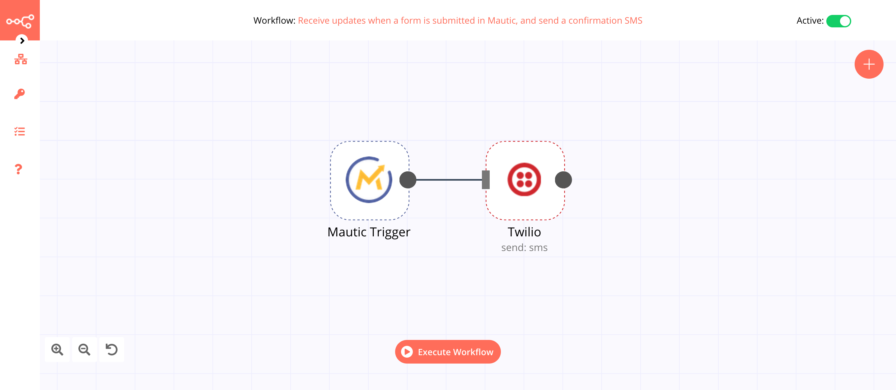 A workflow with the Mautic Trigger node