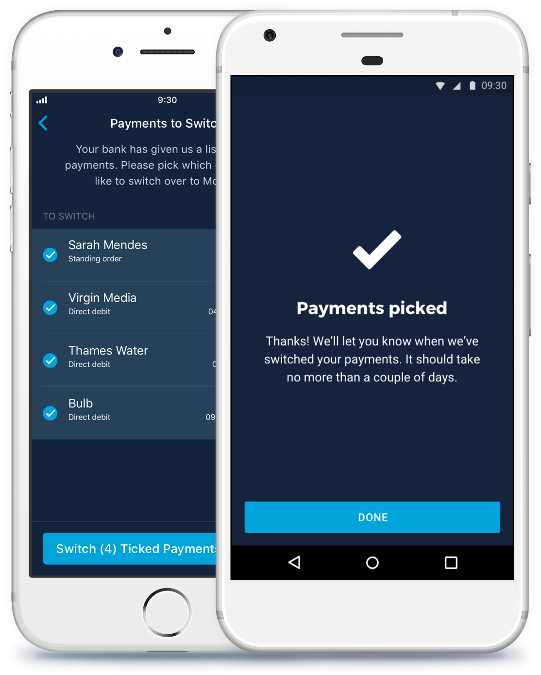 Picking payments within the Monzo app for iOS and Android